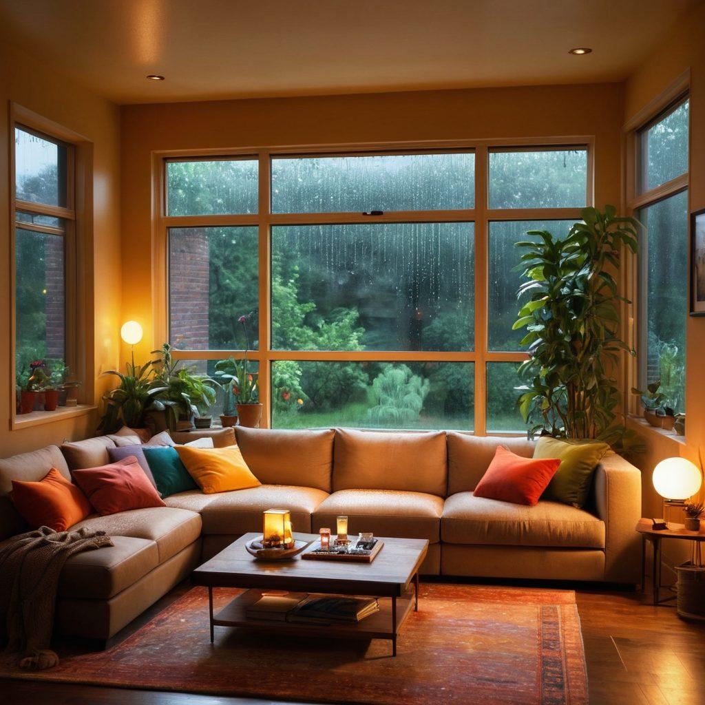 A cozy living room scene featuring a large TV screen displaying vibrant colors from a popular show. Include a comfortable couch with plush cushions, scattered snacks like popcorn and soda, and dimmed lighting for an intimate atmosphere. Add a window view of a rainy night to enhance the binge-watching vibe. Include accents of decorative plants for a touch of warmth. super-realistic. warm colors. cozy atmosphere.