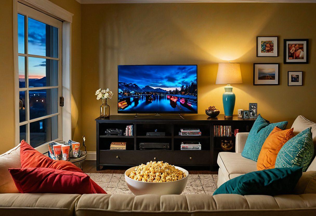 A cozy living room setting featuring a large flat-screen TV displaying vibrant scenes from popular shows and movies, surrounded by colorful popcorn bowls, blankets, and a warm glow from a lamp. Include a comfy couch with a remote control on the side, and a shelf filled with DVDs and streaming devices in the background. super-realistic. vibrant colors. warm lighting.
