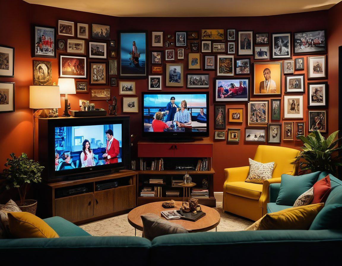 An imaginative collage depicting various genres of television shows, including a thrilling scene with shadowy figures, a lighthearted comedy scene with smiling characters, and vibrant colors symbolizing diverse content. Incorporate television screens displaying snippets of both genres, with a cozy living room atmosphere inviting viewers to explore. Include playful elements like popcorn and a remote control for a relatable touch. super-realistic. vibrant colors. cozy ambiance.